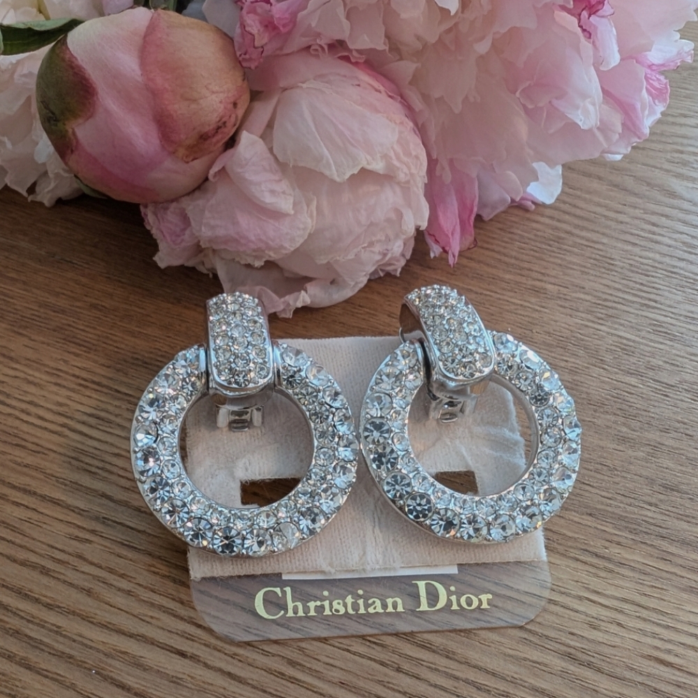 Dior Silver Crystal Hoop Earrings